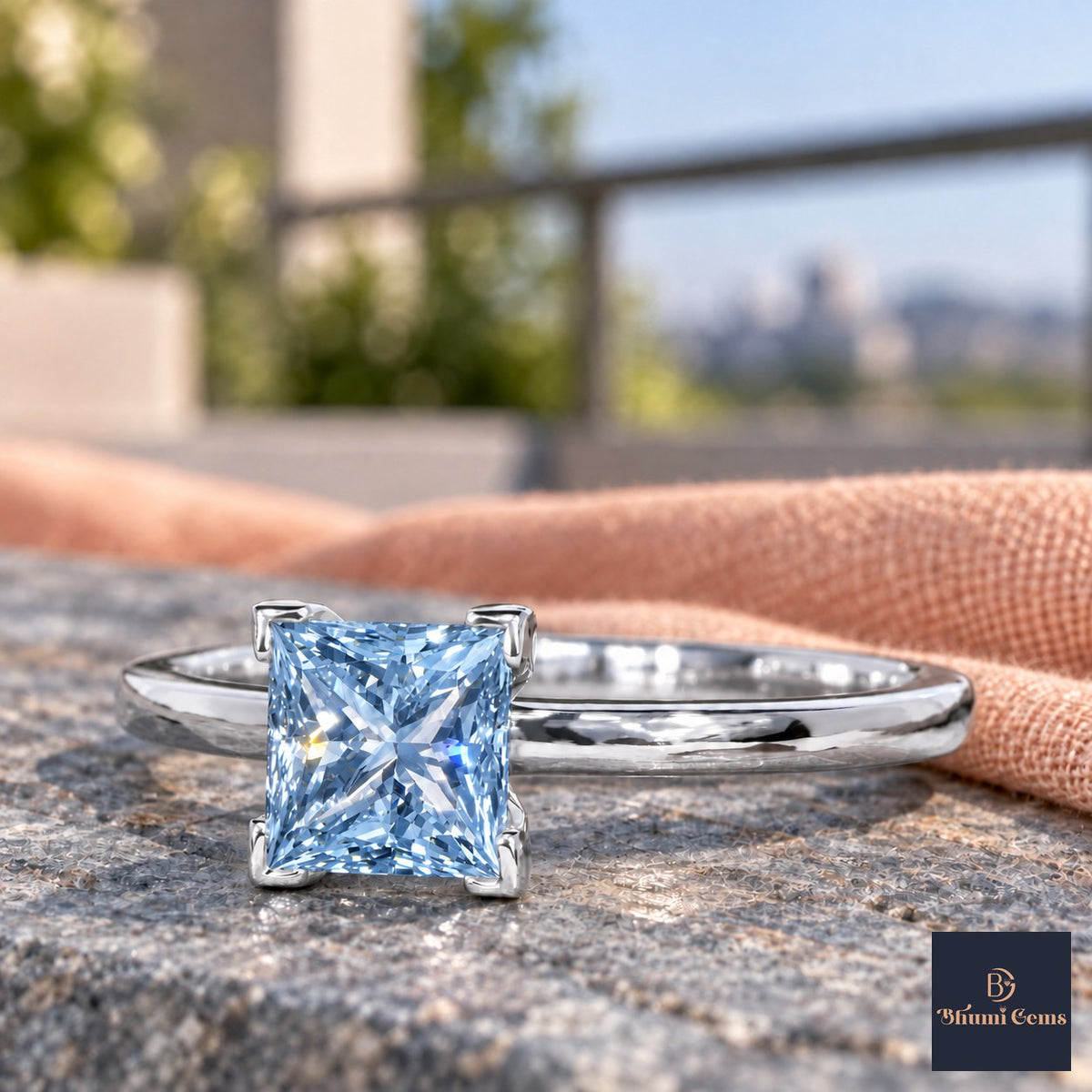 Blue Princess Cut Lab Grown Diamond Engagement Ring - Classic Solitaire in white gold, close-up