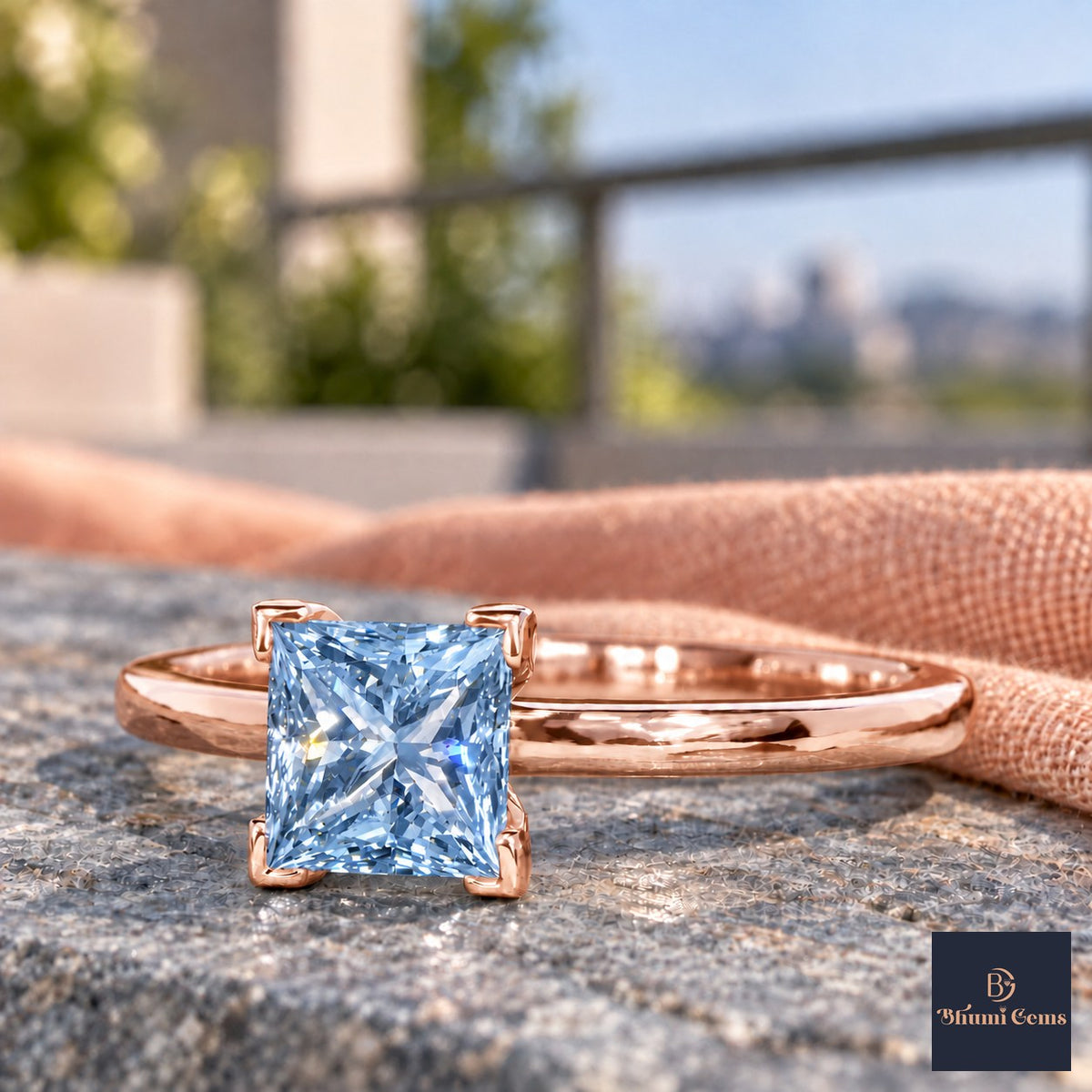 Blue Princess Cut Lab Grown Diamond Engagement Ring - Classic Solitaire in rose gold, close-up