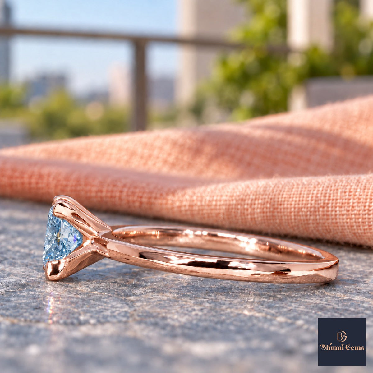Blue Princess Cut Lab Grown Diamond Engagement Ring - Classic Solitaire in rose gold, side view