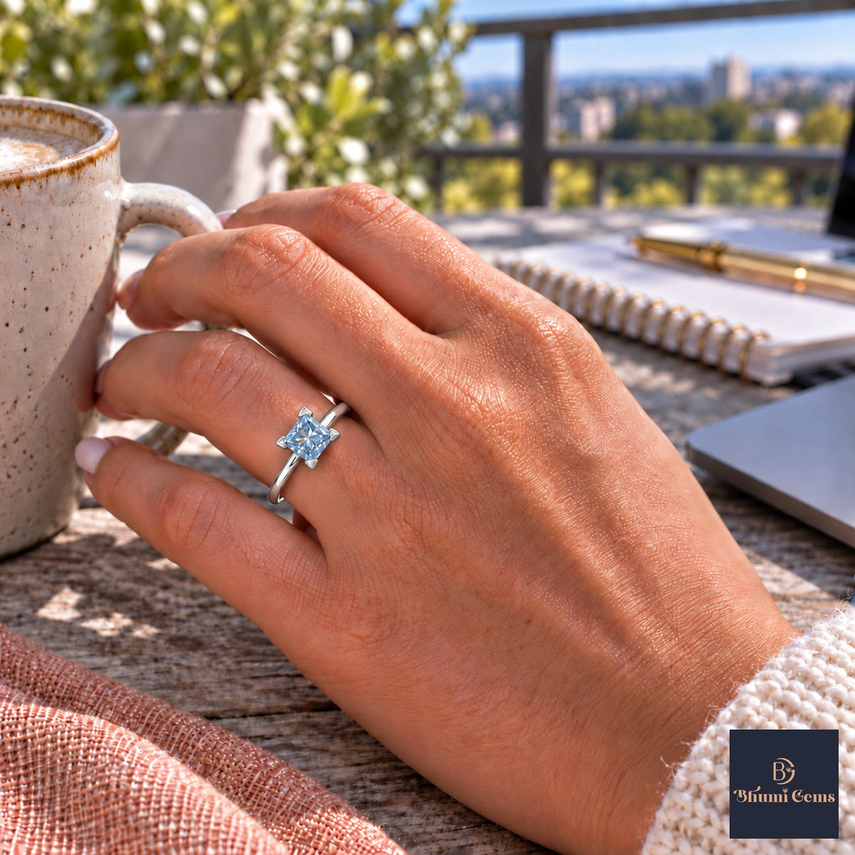 Blue Princess Cut Lab Grown Diamond Engagement Ring - Classic Solitaire in white gold, on the hand