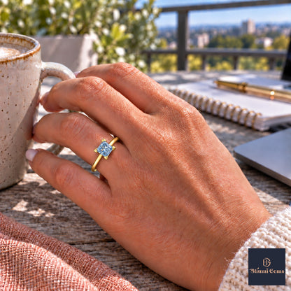 Blue Princess Cut Lab Grown Diamond Engagement Ring - Classic Solitaire in yellow gold, on the hand