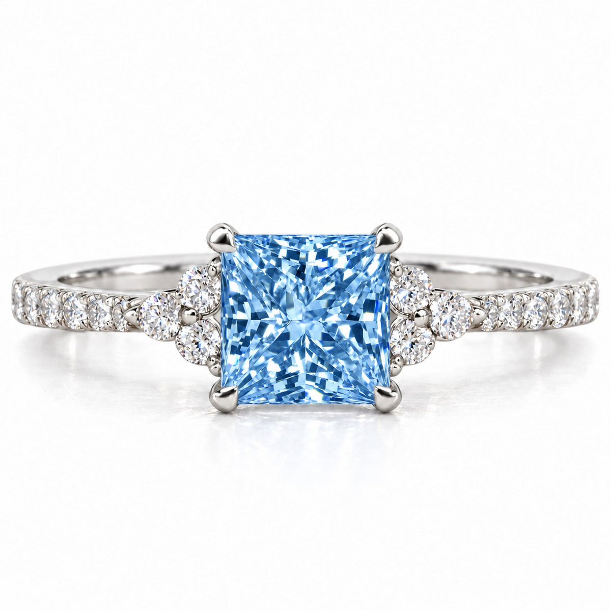 Blue Princess Cut Lab Grown Diamond Engagement Ring - Cluster Pave Band in white gold, front view