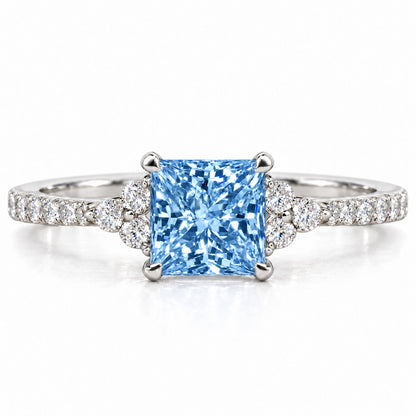 Blue Princess Cut Lab Grown Diamond Engagement Ring - Cluster Pave Band in white gold, front view