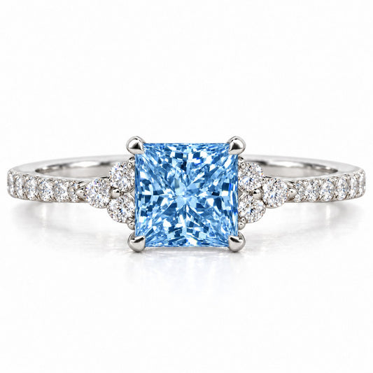 Blue Princess Cut Lab Grown Diamond Engagement Ring - Cluster Pave Band in white gold, front view