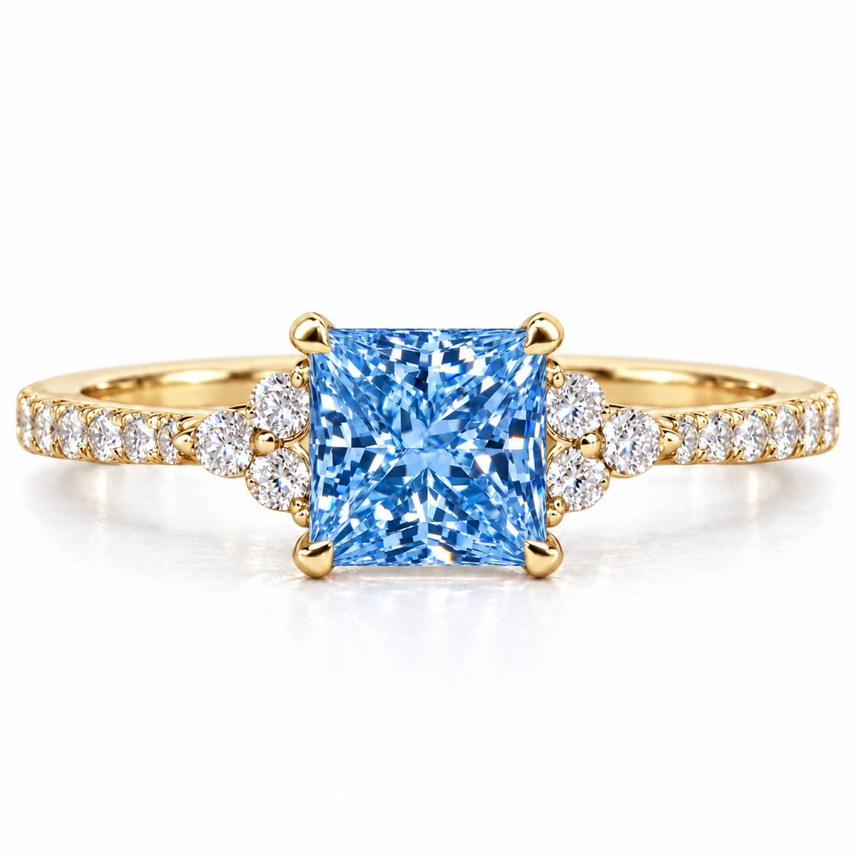 Blue Princess Cut Lab Grown Diamond Engagement Ring - Cluster Pave Band in yellow gold, front view