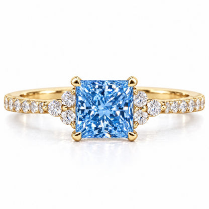 Blue Princess Cut Lab Grown Diamond Engagement Ring - Cluster Pave Band in yellow gold, front view