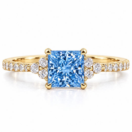 Blue Princess Cut Lab Grown Diamond Engagement Ring - Cluster Pave Band in yellow gold, front view