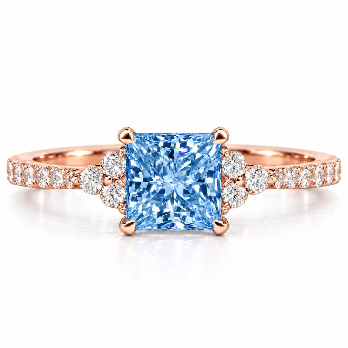 Blue Princess Cut Lab Grown Diamond Engagement Ring - Cluster Pave Band in rose gold, front view