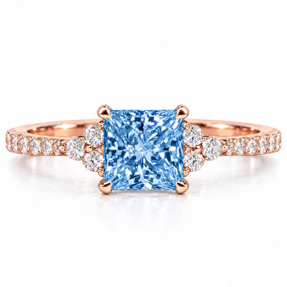 Blue Princess Cut Lab Grown Diamond Engagement Ring - Cluster Pave Band in rose gold, front view