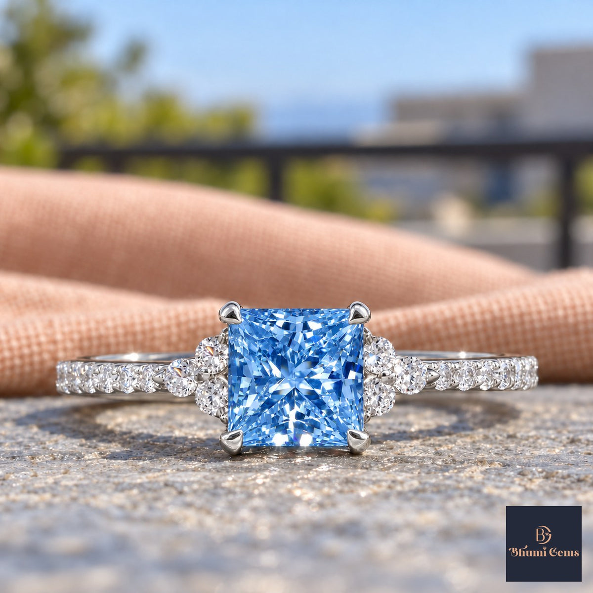 Blue Princess Cut Lab Grown Diamond Engagement Ring - Cluster Pave Band in white gold, close-up