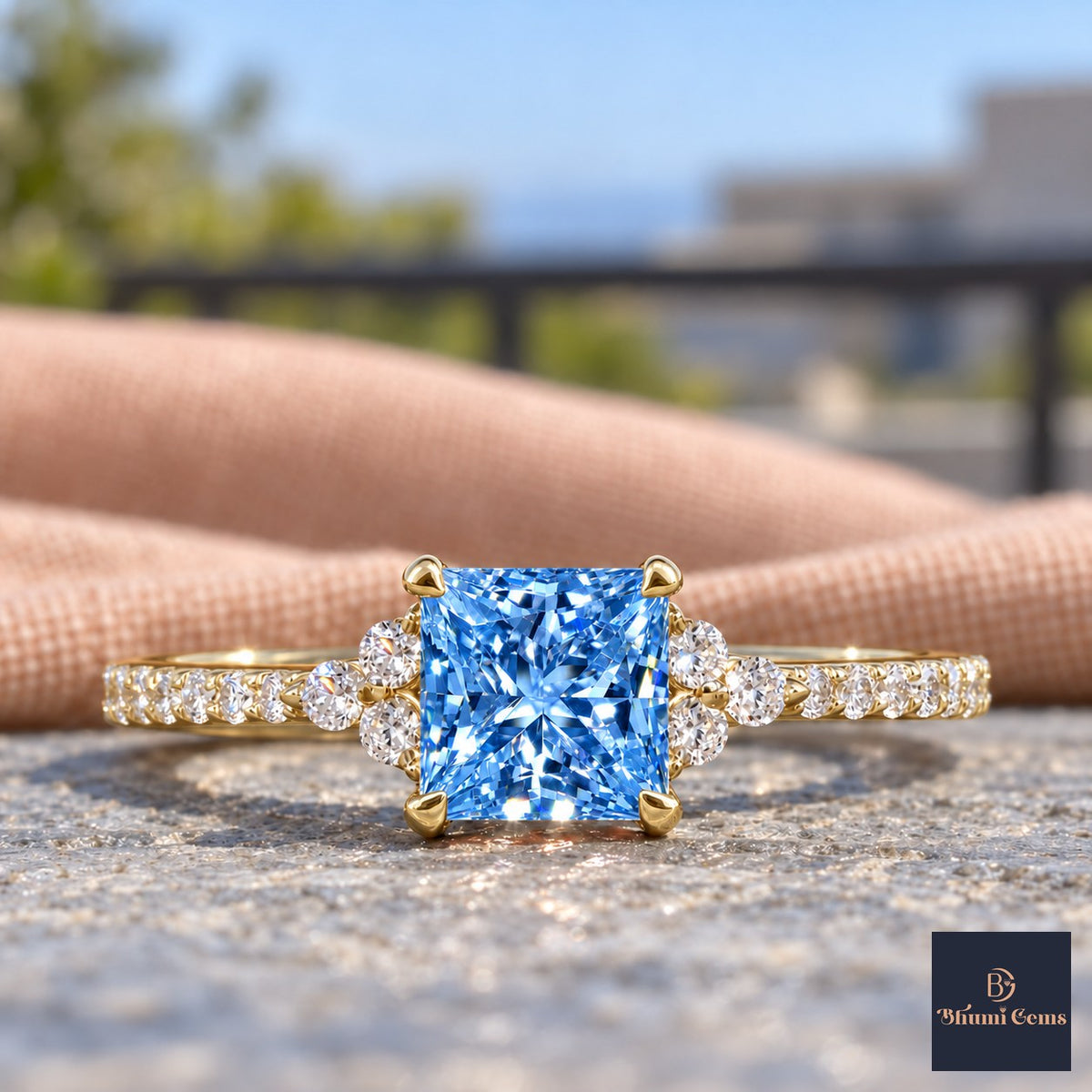 Blue Princess Cut Lab Grown Diamond Engagement Ring - Cluster Pave Band in yellow gold, close-up