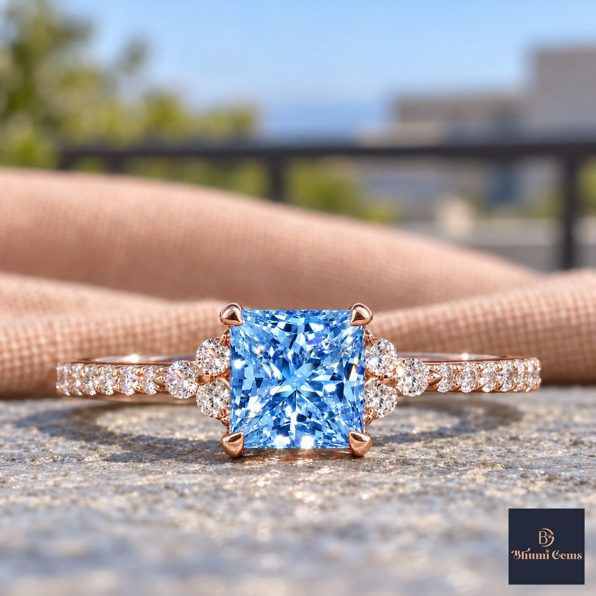 Blue Princess Cut Lab Grown Diamond Engagement Ring - Cluster Pave Band in rose gold, close-up