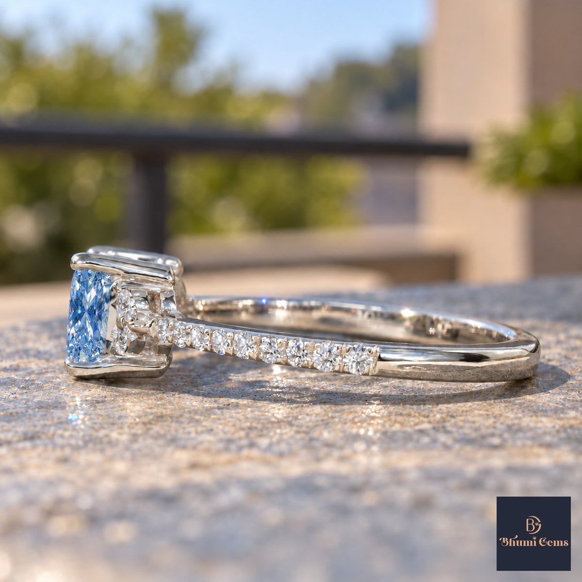 Blue Princess Cut Lab Grown Diamond Engagement Ring - Cluster Pave Band in white gold, side view