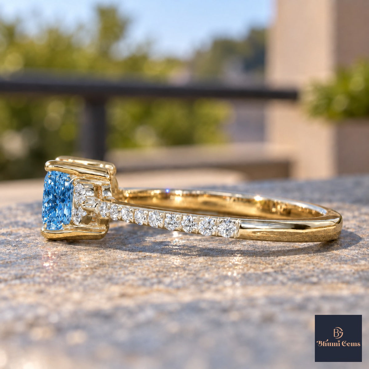 Blue Princess Cut Lab Grown Diamond Engagement Ring - Cluster Pave Band in yellow gold, side view