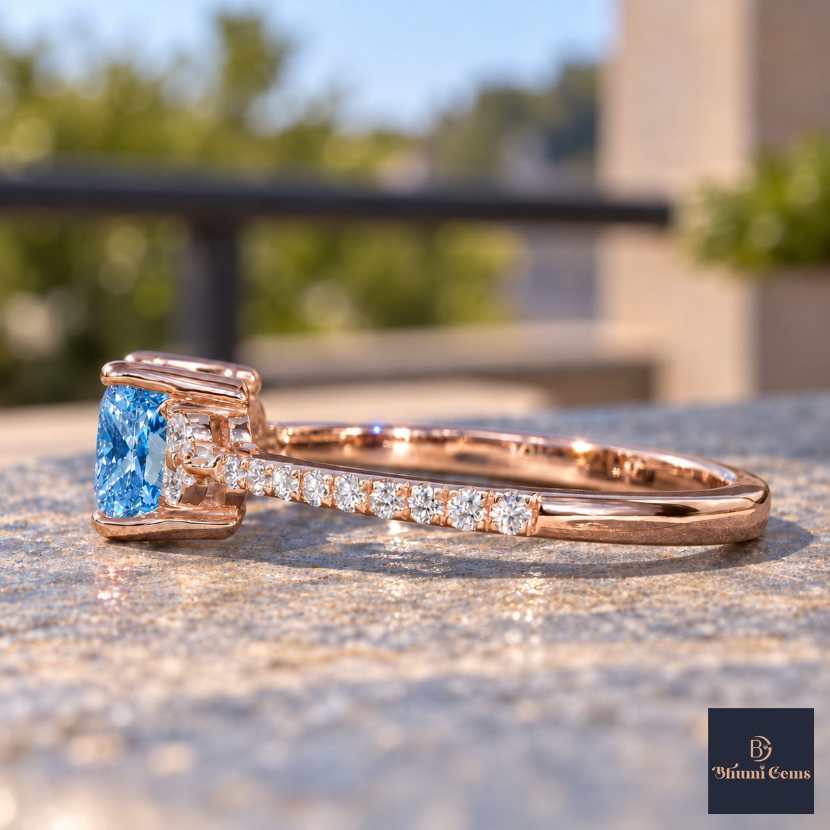 Blue Princess Cut Lab Grown Diamond Engagement Ring - Cluster Pave Band in rose gold, side view
