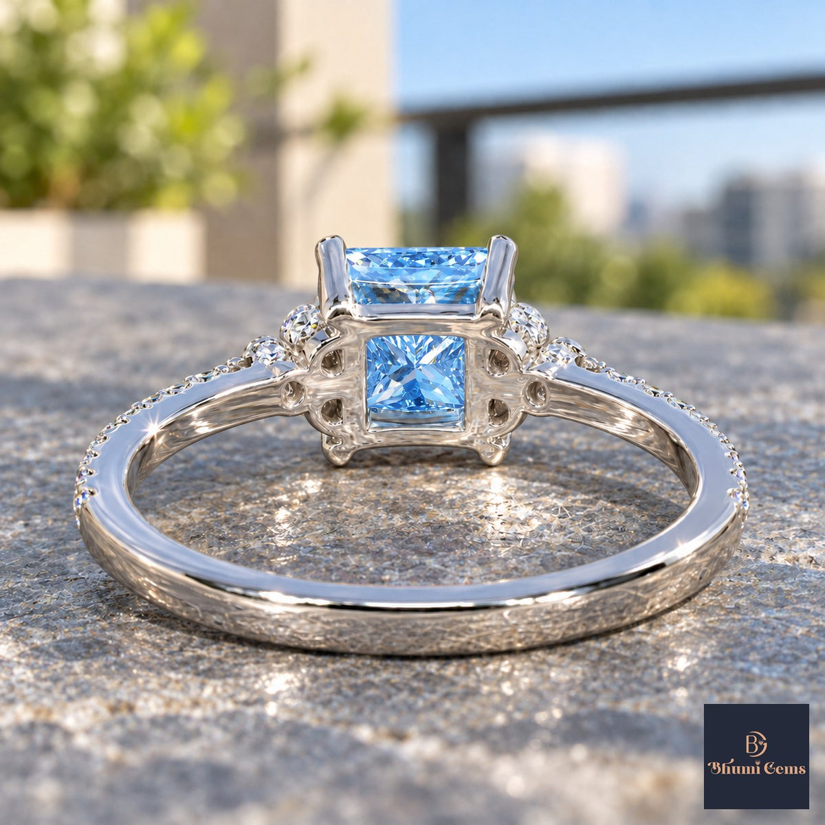 Blue Princess Cut Lab Grown Diamond Engagement Ring - Cluster Pave Band in white gold, gallery view