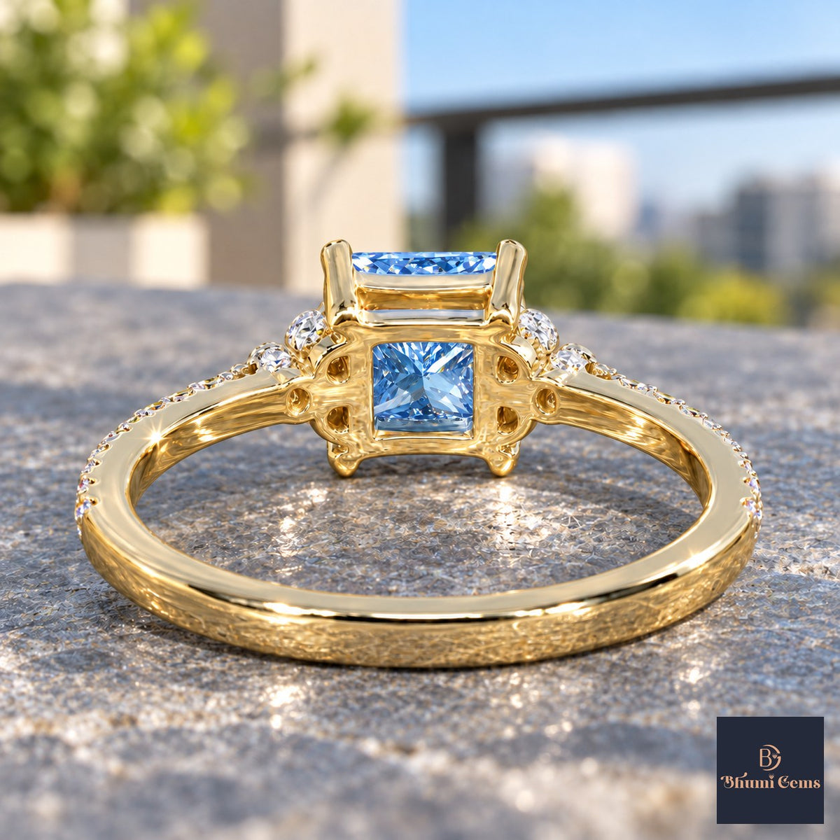 Blue Princess Cut Lab Grown Diamond Engagement Ring - Cluster Pave Band in yellow gold, gallery view