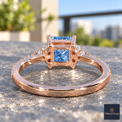Blue Princess Cut Lab Grown Diamond Engagement Ring - Cluster Pave Band in rose gold, gallery view