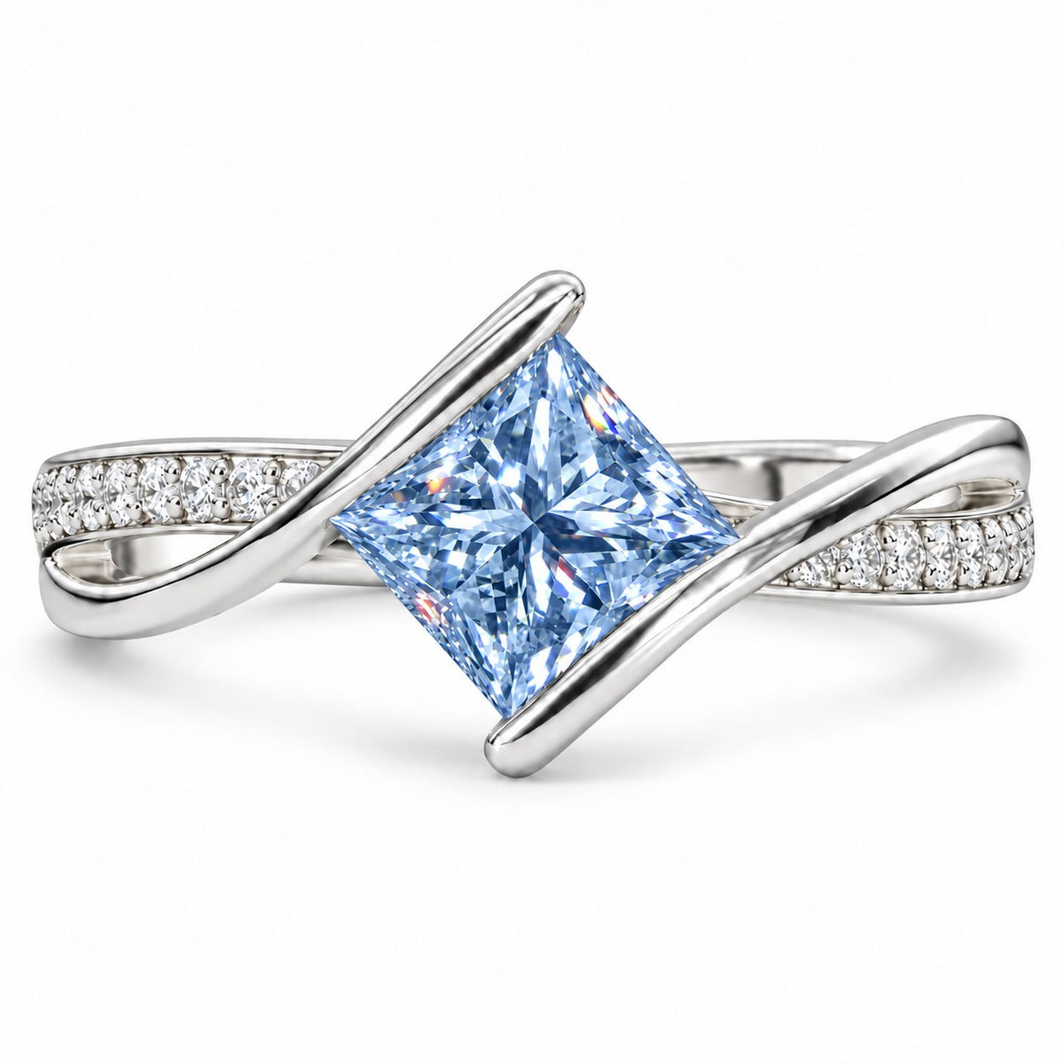 Blue Princess Cut Lab Grown Diamond Engagement Ring - Kite Set Pave Twist in white gold, front view