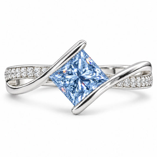 Blue Princess Cut Lab Grown Diamond Engagement Ring - Kite Set Pave Twist in white gold, front view