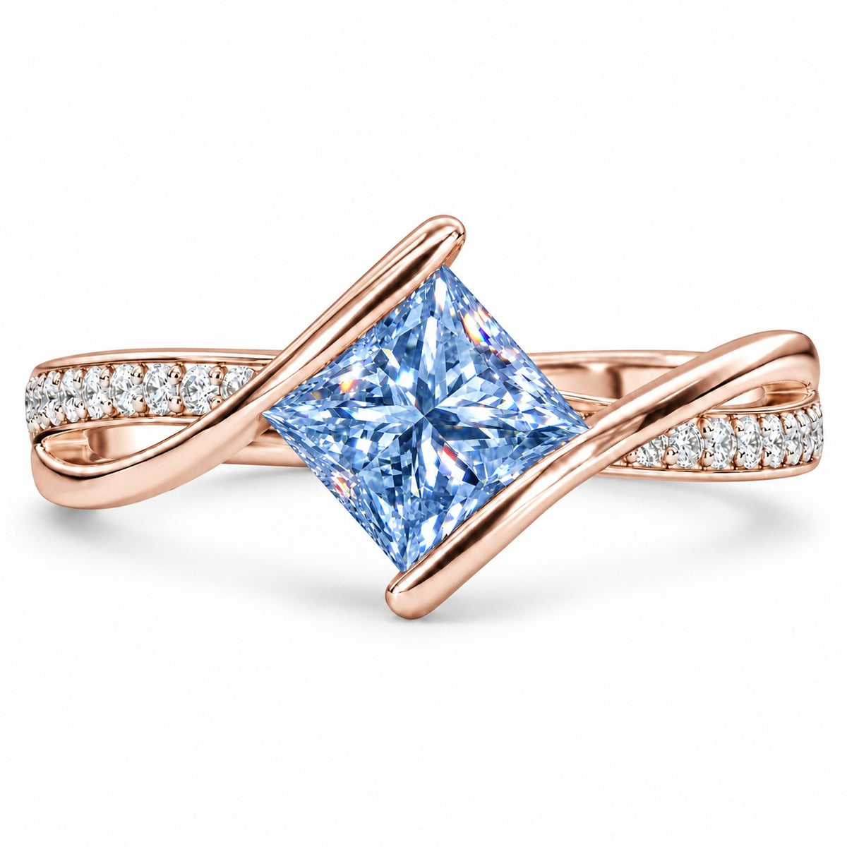 Blue Princess Cut Lab Grown Diamond Engagement Ring - Kite Set Pave Twist in rose gold, front view
