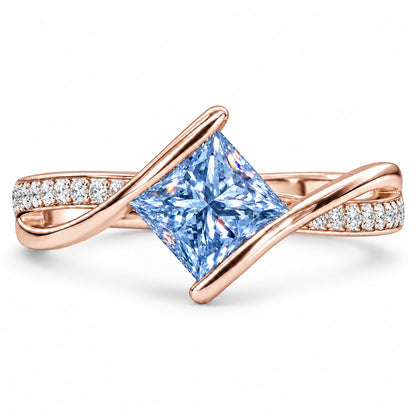 Blue Princess Cut Lab Grown Diamond Engagement Ring - Kite Set Pave Twist in rose gold, front view