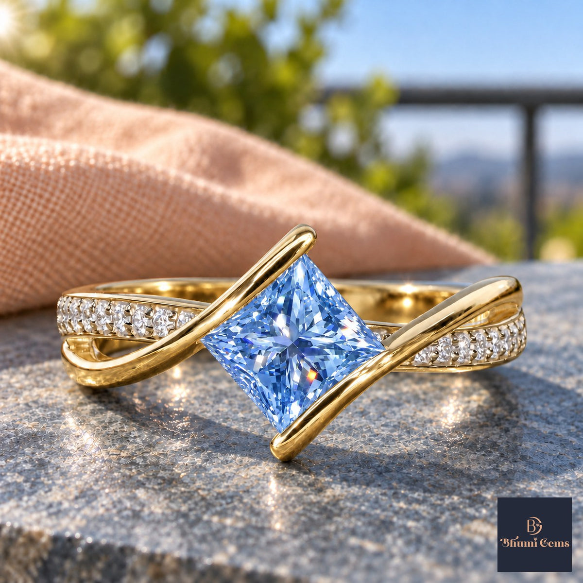 Blue Princess Cut Lab Grown Diamond Engagement Ring - Kite Set Pave Twist in yellow gold, close-up