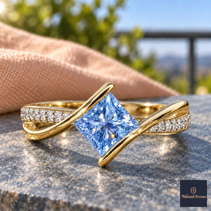 Blue Princess Cut Lab Grown Diamond Engagement Ring - Kite Set Pave Twist in yellow gold, close-up