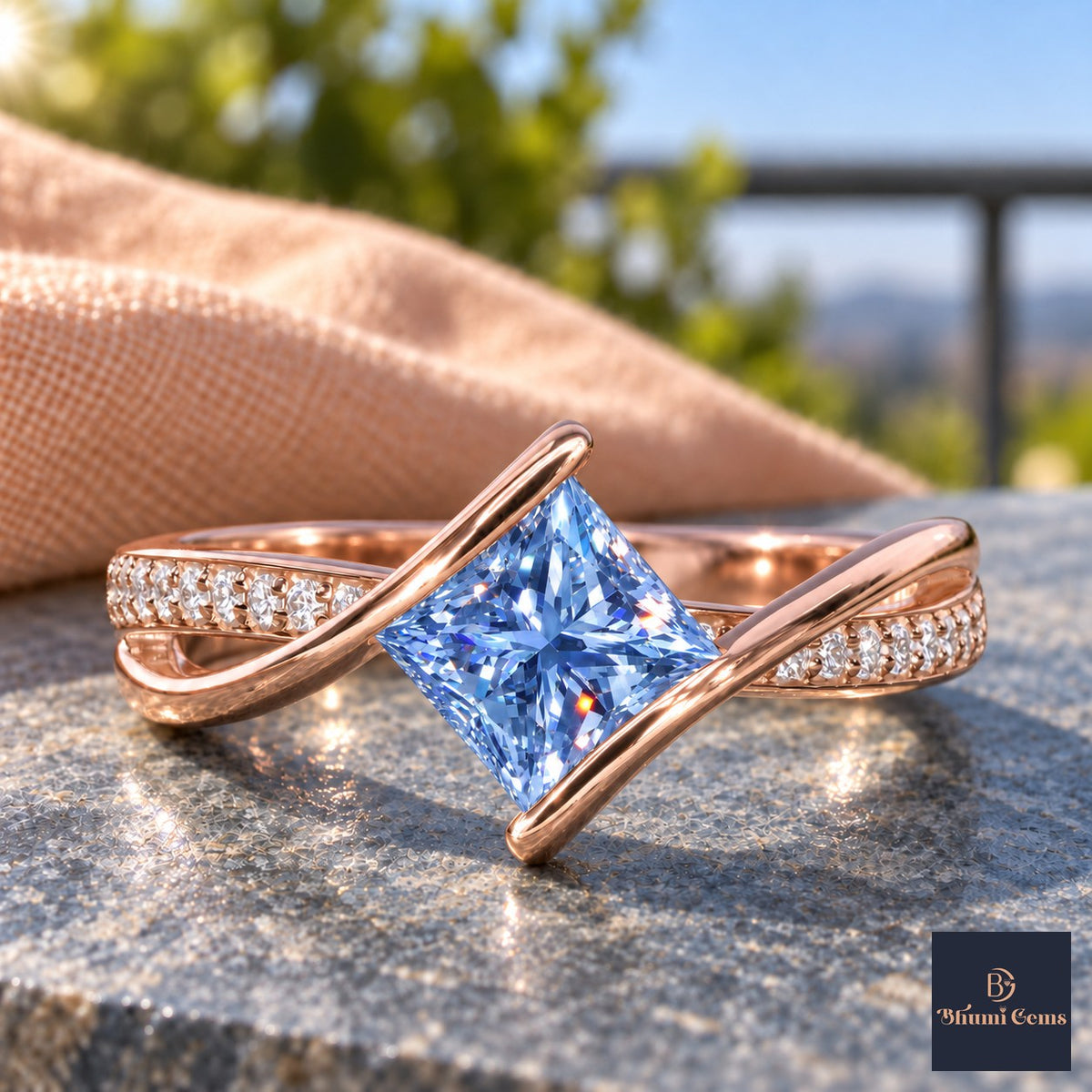 Blue Princess Cut Lab Grown Diamond Engagement Ring - Kite Set Pave Twist in rose gold, close-up