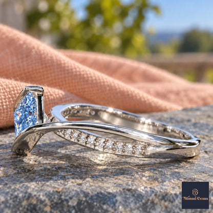Blue Princess Cut Lab Grown Diamond Engagement Ring - Kite Set Pave Twist in white gold, side view