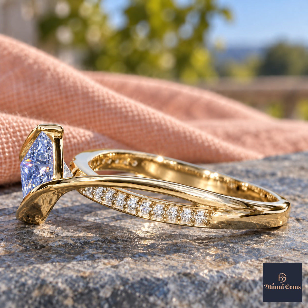 Blue Princess Cut Lab Grown Diamond Engagement Ring - Kite Set Pave Twist in yellow gold, side view