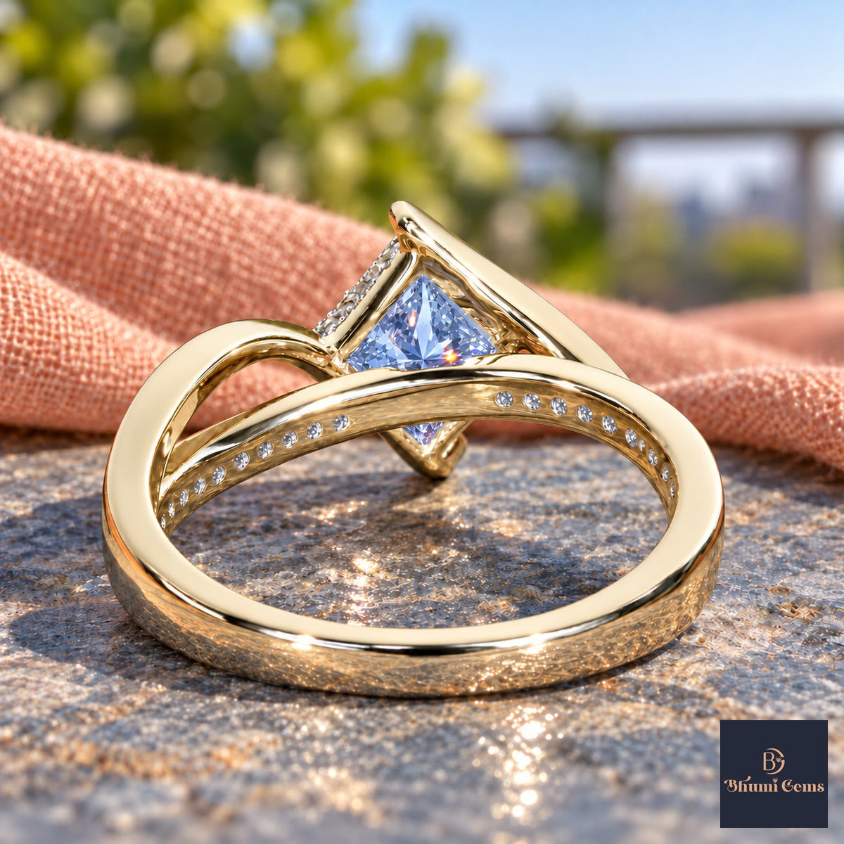Blue Princess Cut Lab Grown Diamond Engagement Ring - Kite Set Pave Twist in yellow gold, gallery view