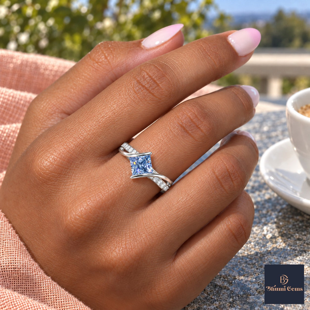 Blue Princess Cut Lab Grown Diamond Engagement Ring - Kite Set Pave Twist in white gold, on the hand