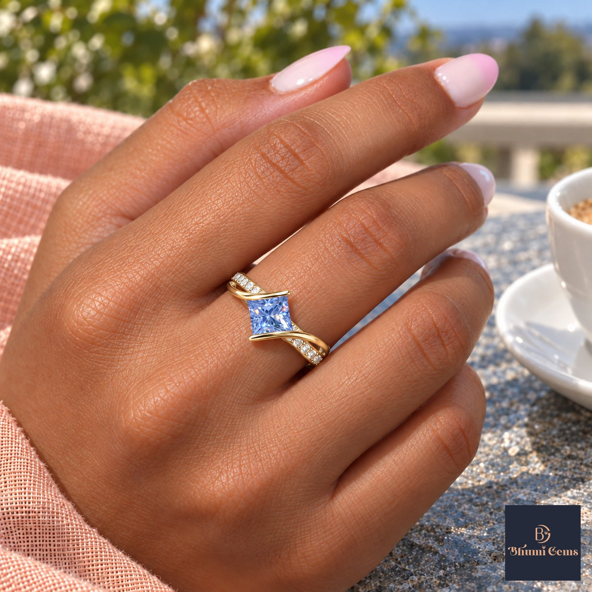 Blue Princess Cut Lab Grown Diamond Engagement Ring - Kite Set Pave Twist in yellow gold, on the hand