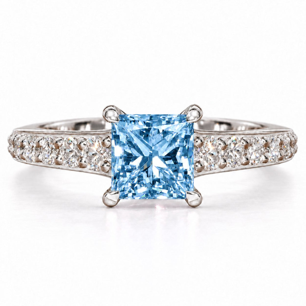 Blue Princess Cut Lab Grown Diamond Engagement Ring - Pave Band in white gold, front view