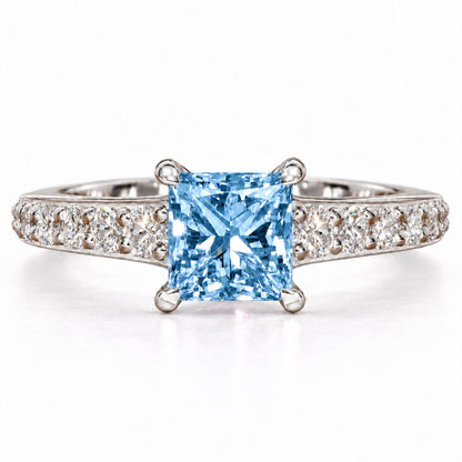 Blue Princess Cut Lab Grown Diamond Engagement Ring - Pave Band in white gold, front view