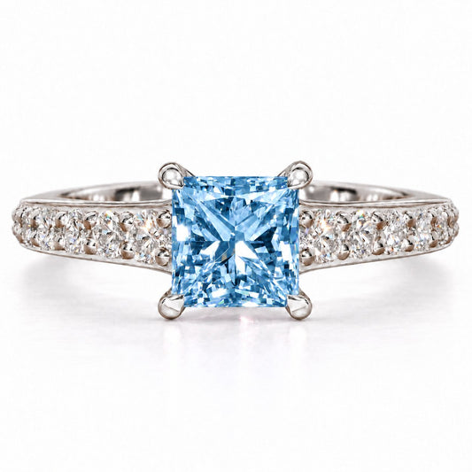 Blue Princess Cut Lab Grown Diamond Engagement Ring - Pave Band in white gold, front view