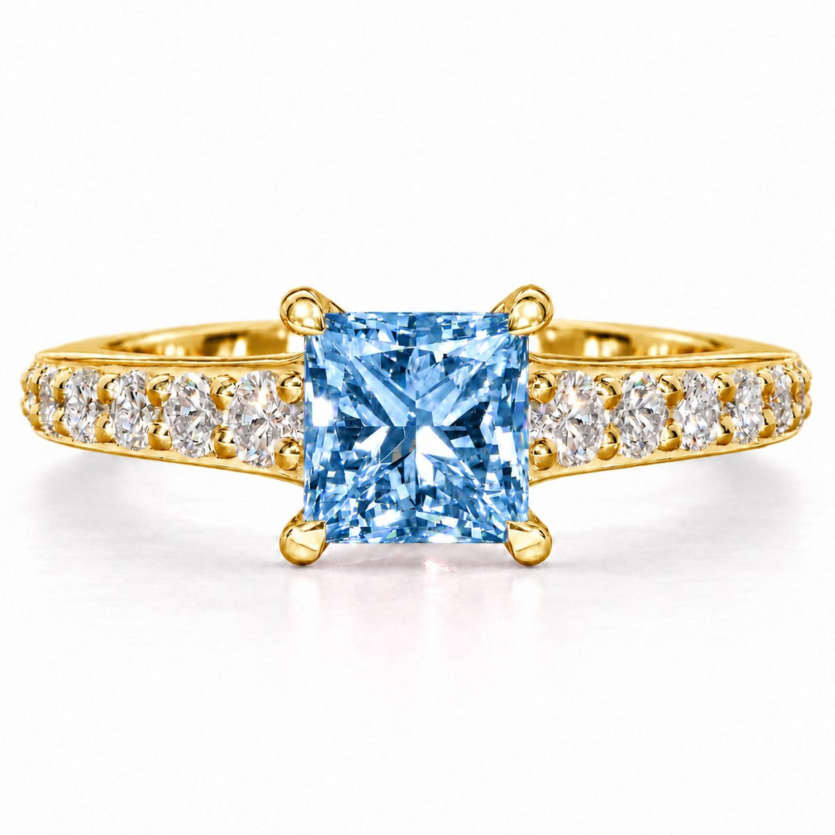 Blue Princess Cut Lab Grown Diamond Engagement Ring - Pave Band in yellow gold, front view