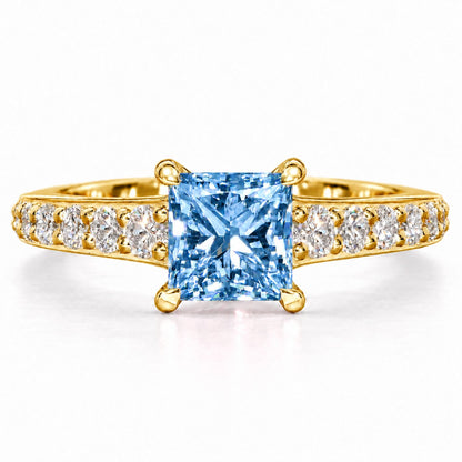 Blue Princess Cut Lab Grown Diamond Engagement Ring - Pave Band in yellow gold, front view