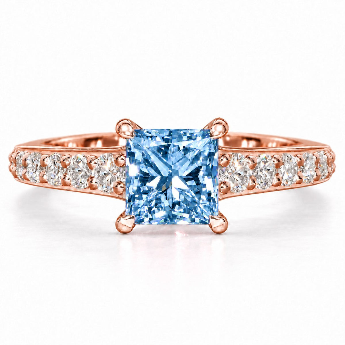 Blue Princess Cut Lab Grown Diamond Engagement Ring - Pave Band in rose gold, front view