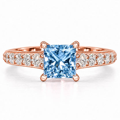 Blue Princess Cut Lab Grown Diamond Engagement Ring - Pave Band in rose gold, front view