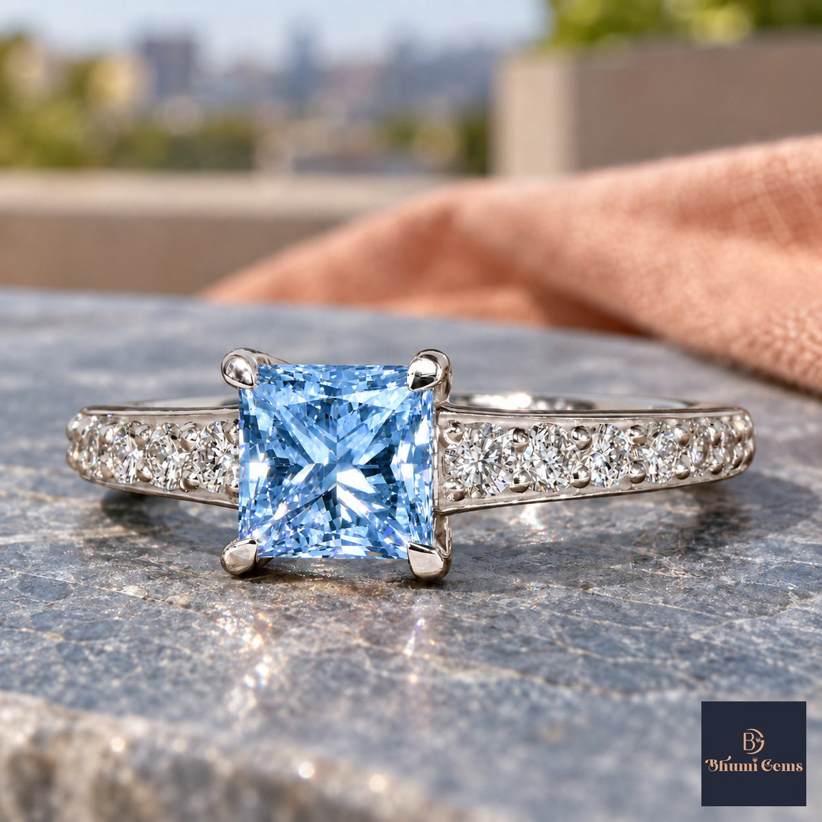 Blue Princess Cut Lab Grown Diamond Engagement Ring - Pave Band in white gold, close-up