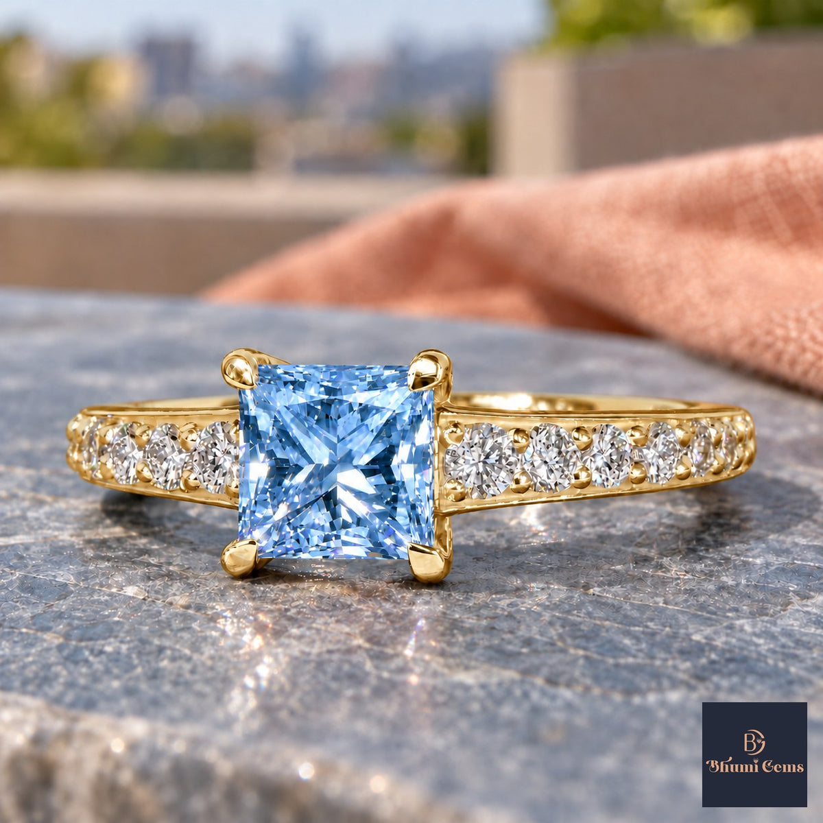Blue Princess Cut Lab Grown Diamond Engagement Ring - Pave Band in yellow gold, close-up
