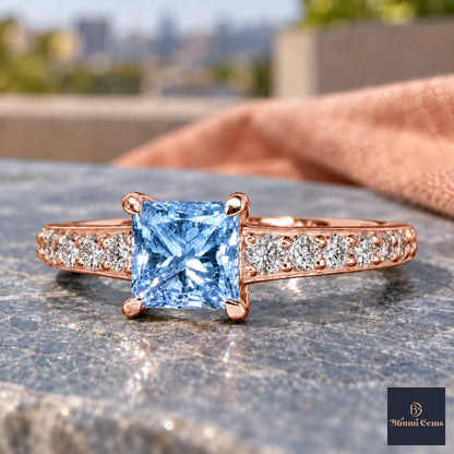 Blue Princess Cut Lab Grown Diamond Engagement Ring - Pave Band in rose gold, close-up