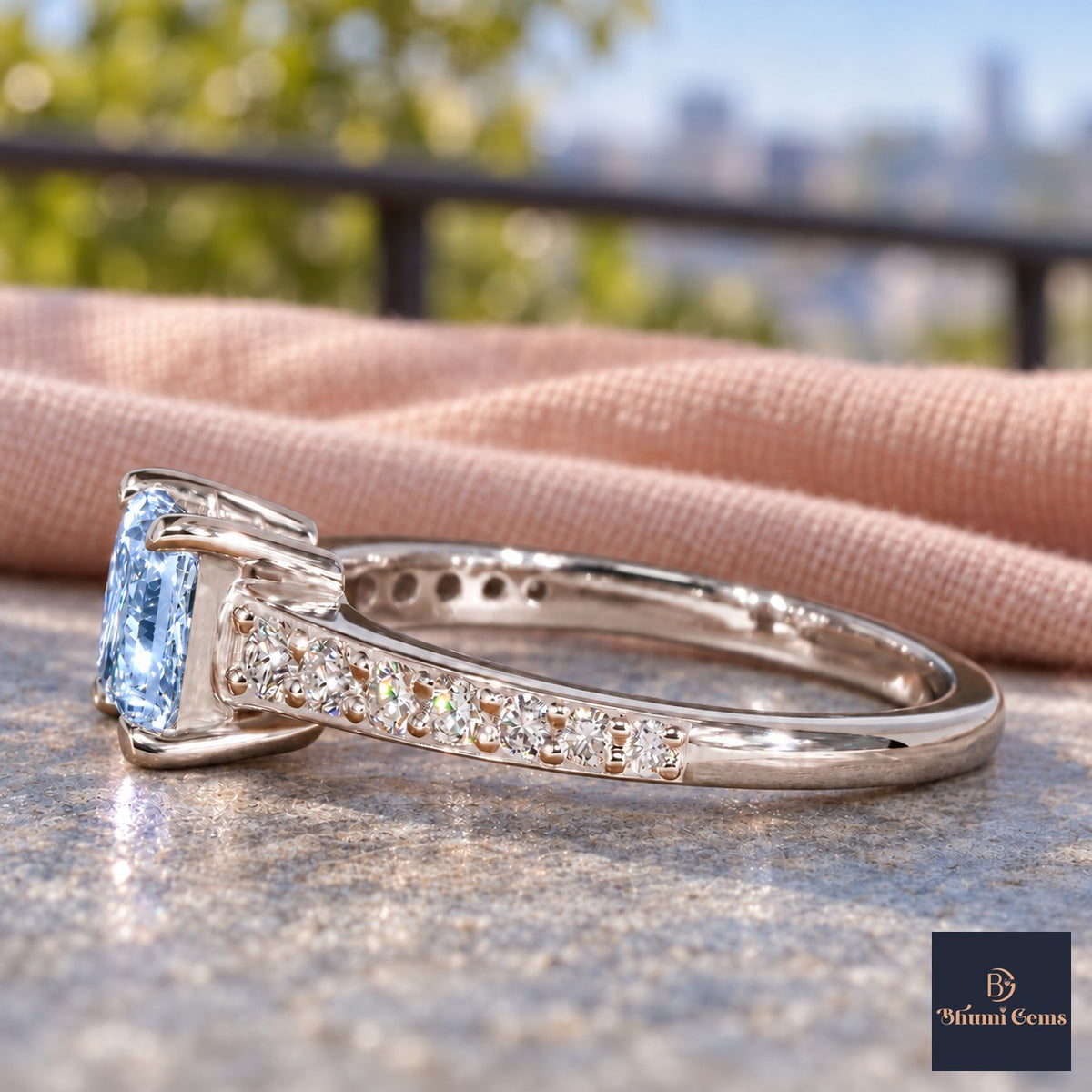 Blue Princess Cut Lab Grown Diamond Engagement Ring - Pave Band in white gold, side view