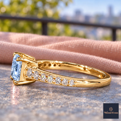 Blue Princess Cut Lab Grown Diamond Engagement Ring - Pave Band in yellow gold, side view