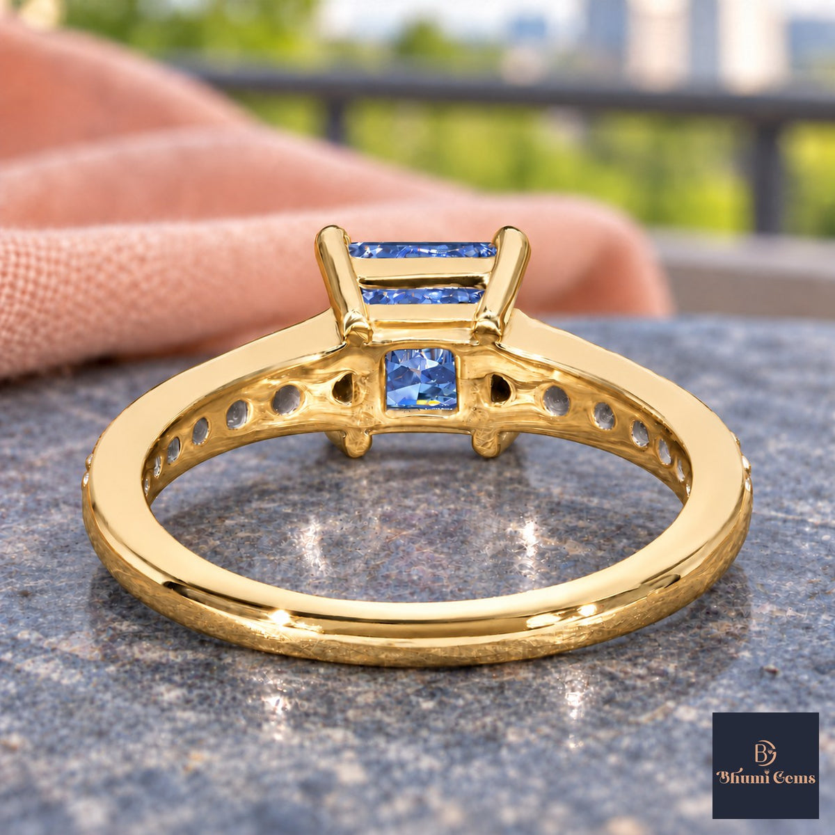 Blue Princess Cut Lab Grown Diamond Engagement Ring - Pave Band in yellow gold, gallery view