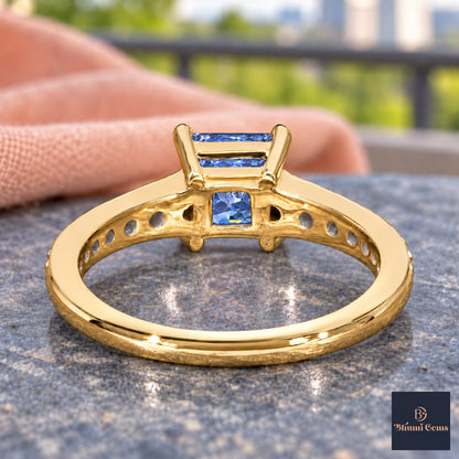 Blue Princess Cut Lab Grown Diamond Engagement Ring - Pave Band in yellow gold, gallery view