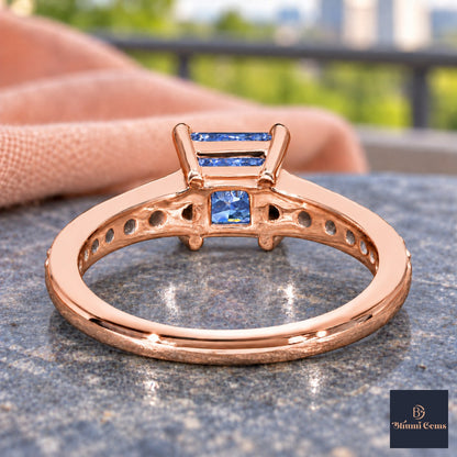 Blue Princess Cut Lab Grown Diamond Engagement Ring - Pave Band in rose gold, gallery view