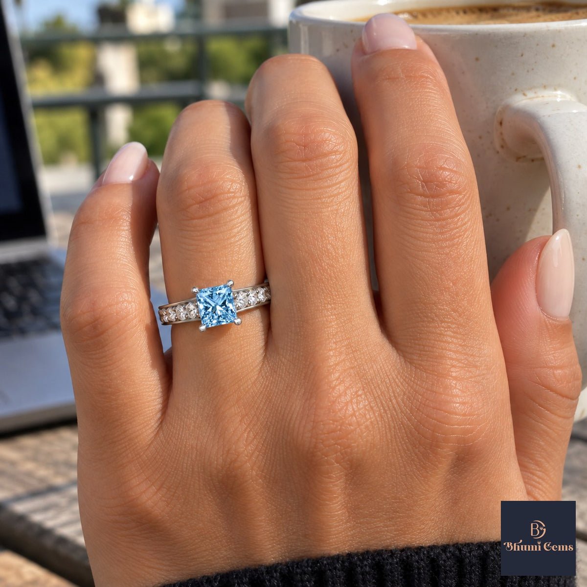 Blue Princess Cut Lab Grown Diamond Engagement Ring - Pave Band in white gold, on the hand